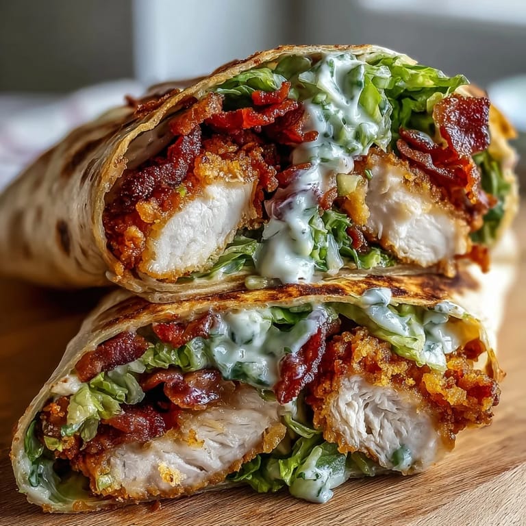 Freshly sliced Crispy Chicken Bacon Caesar Wraps served on a plate with extra dressing for dipping.