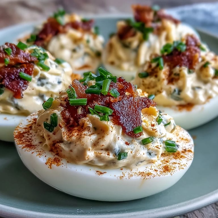 Bacon-Ranch-Teufelseier mit knusprigem Speck und cremiger Ranch-Dressing-Füllung.  