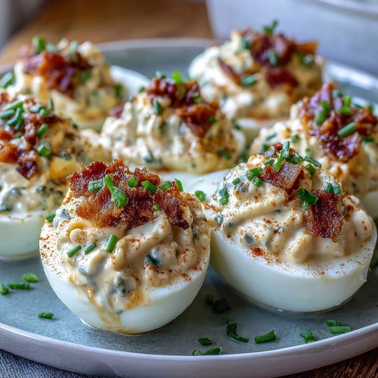 Festliche Bacon-Ranch-Teufelseier mit knusprigem Speck und Paprikapulver bestäubt.