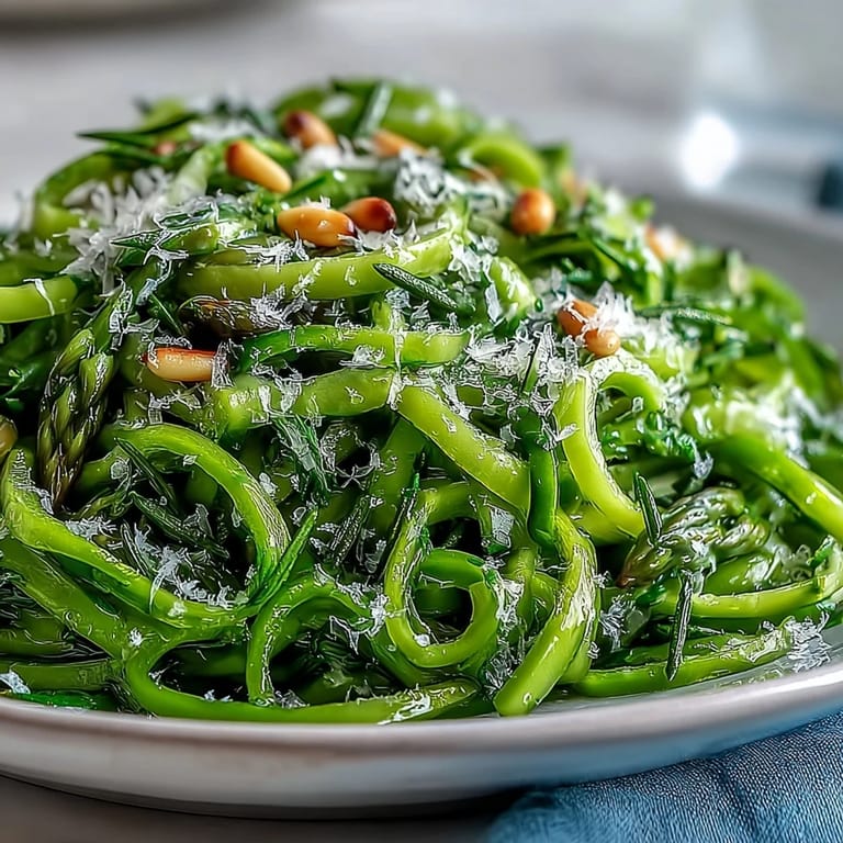 Spargelstreifen mit Zitrone und Parmesan, mediterran gewürzt, eine erfrischende Beilage für warme Tage.