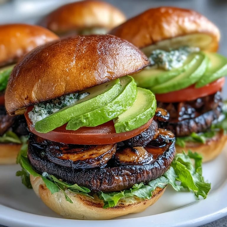 Herzhafte gegrillte Portobello-Pilz-Burger, serviert mit geschmolzenem Käse und Beilagen.