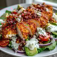 Frisch gebackene Parmesan Crusted Chicken Cobb Salad mit knusprigen Hähnchenscheiben auf buntem Salat, Ei, Avocado und Speck.