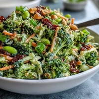 1. Knackiger Brokkolisalat mit frischem Gemüse, buntem Kohl und würzigem asiatisch inspirierten Dressing in einer großen Schüssel.  