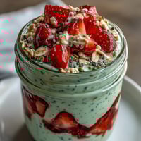 1. Strawberry Matcha Latte Overnight Oats in Mason Jars mit frischen Erdbeeren und grünem Matcha-Pulver