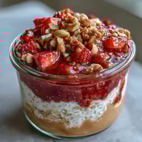 Erdbeer PB&J Overnight Oats mit knusprigen Erdnüssen – cremige Haferflocken mit süßer Erdbeermarmelade, cremiger Erdnussbutter und knusprigen Erdnüssen für ein proteinreiches Frühstück.