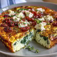 Fluffige Spinat-Feta-Frittata mit sonnengetrockneten Tomaten, goldbraun gebacken und mit würzigem Käse überbacken.